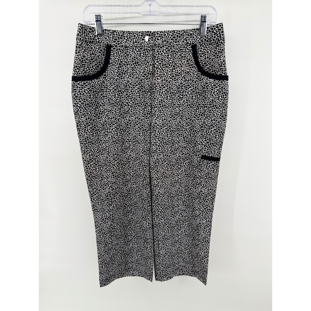 Weekends by Chicos Women 0 Black White Animal Print Capri Pants Stretch Summer